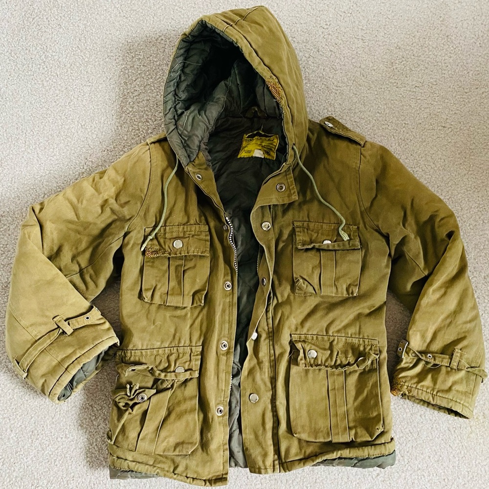 Small cropped vintage military parka with metallic gold bead accents.